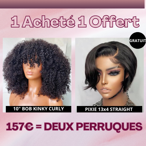 Offre à 157€ = 10" Bob Kinky Curly + Pérruque Pixie 13x4 Straight