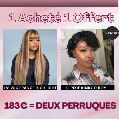 Offre à 183€ = 18" Pérruque à Frange Highlight + 6" Pixie Kinky Curly